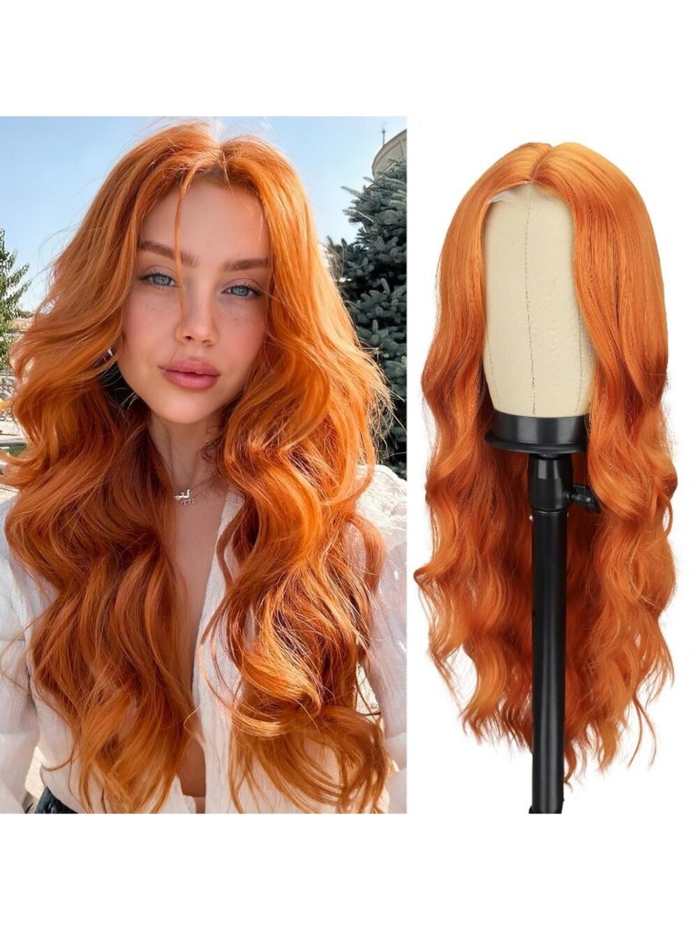 Women's Orange 26 Inch Natural Synthetic Modern Long Curly Wavy Fiber Wigs